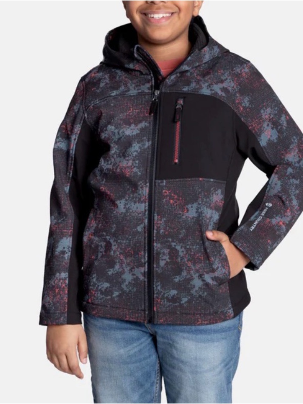 Free Country Kids' Black Hooded Soft Shell Jacket with Red & Gray Print